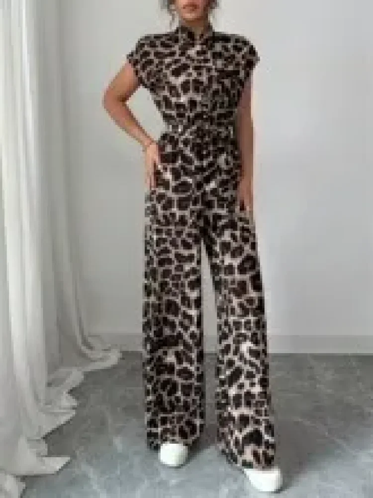 FADFAD Jumsuit elegan cantik model lengan pendek elegan motif leopard untuk wanita terbaru