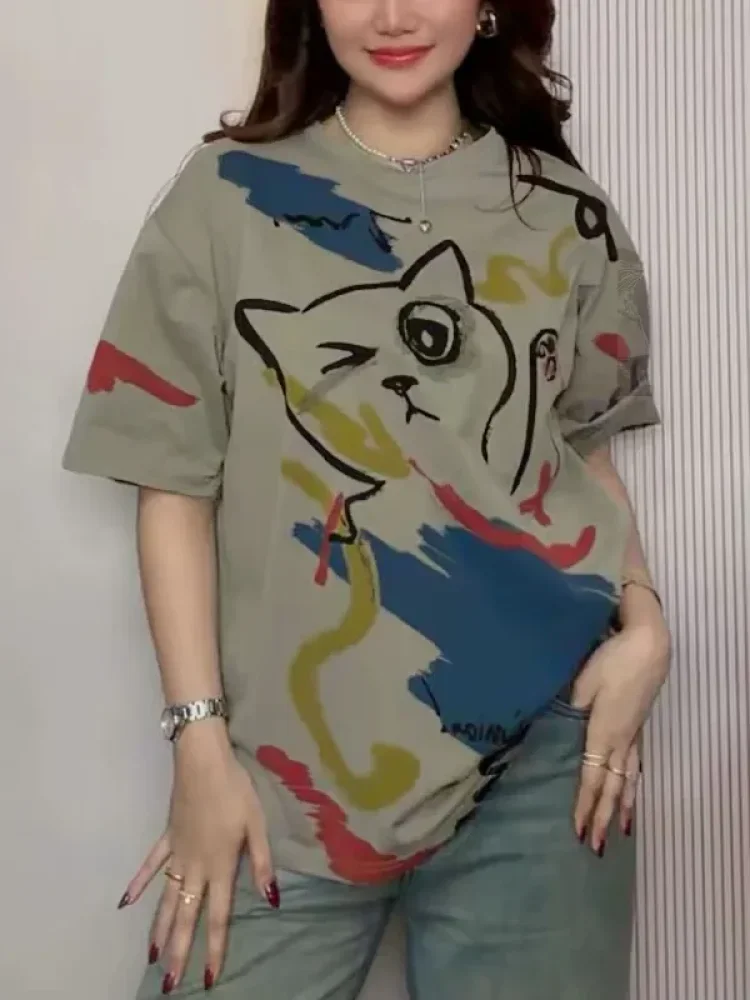 ASAYA Atasan t-shirt lengan pendek dengan kerah bulat bergaya kasual, lembut dan tipis dengan motif cetak