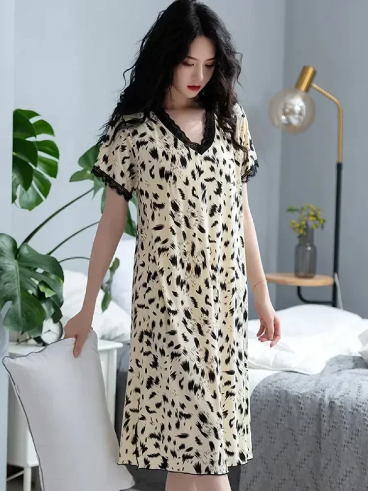 ASAYA Gaun tidut kerah v neck motif cetak lengan pendek gaya baru