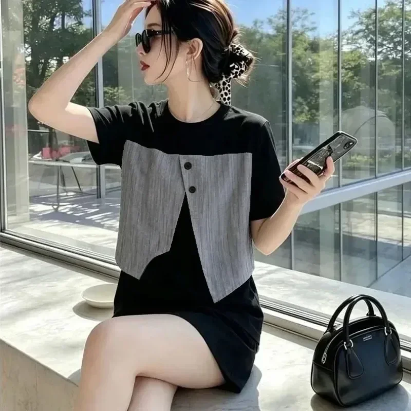 ASAYA Atasan kaos kerah bulat lengan pendek dan bermotif unik