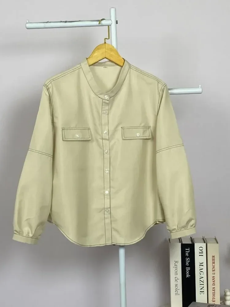 ASAYA Kemeja atasan kasual terbaru dengan desain garis tabrak, warna polos, kerah bulat, dan kancing satu baris