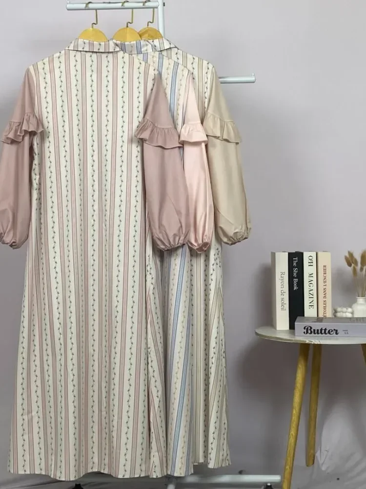 ASAYA Gamis kemeja motif bunga lembut lengan kombinasi - dress muslimah syar'i longgar nyaman untuk sehari-hari