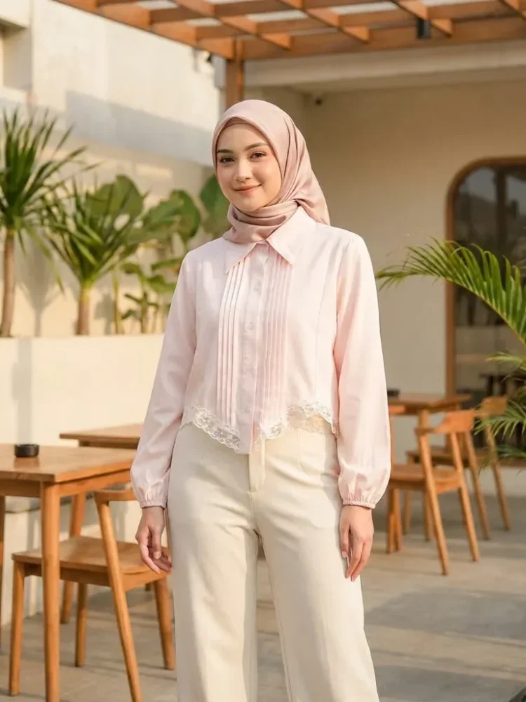 ASAYA Kemeja wanita warna polos model terbaru dengan desain renda elegan dan garis-garis ramping