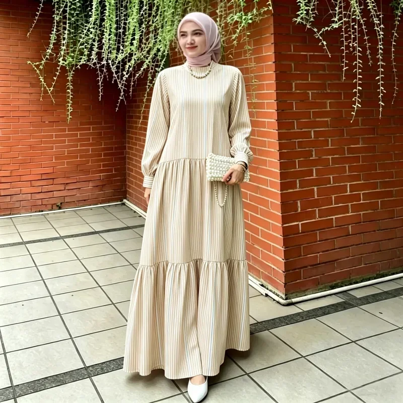 ASAYA Gaun panjang longgar kasual tipis bermotif dengan desain mode elegan