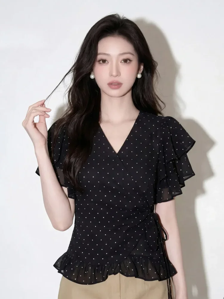 CHICMORE Blouse wanita polkadot desain ruffle vintage lengan pendek
