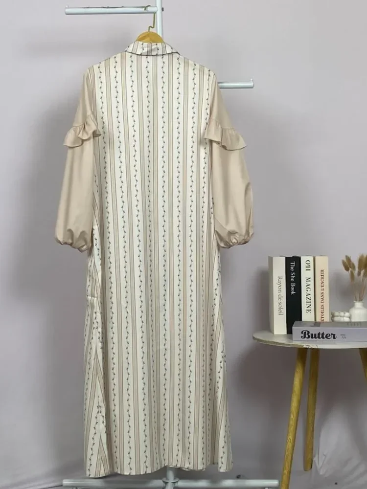 ASAYA Gamis kemeja motif bunga lembut lengan kombinasi - dress muslimah syar'i longgar nyaman untuk sehari-hari