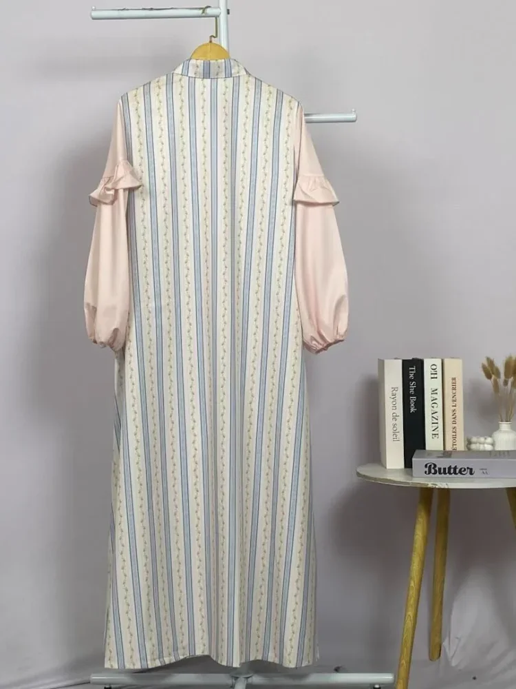 ASAYA Gamis kemeja motif bunga lembut lengan kombinasi - dress muslimah syar'i longgar nyaman untuk sehari-hari