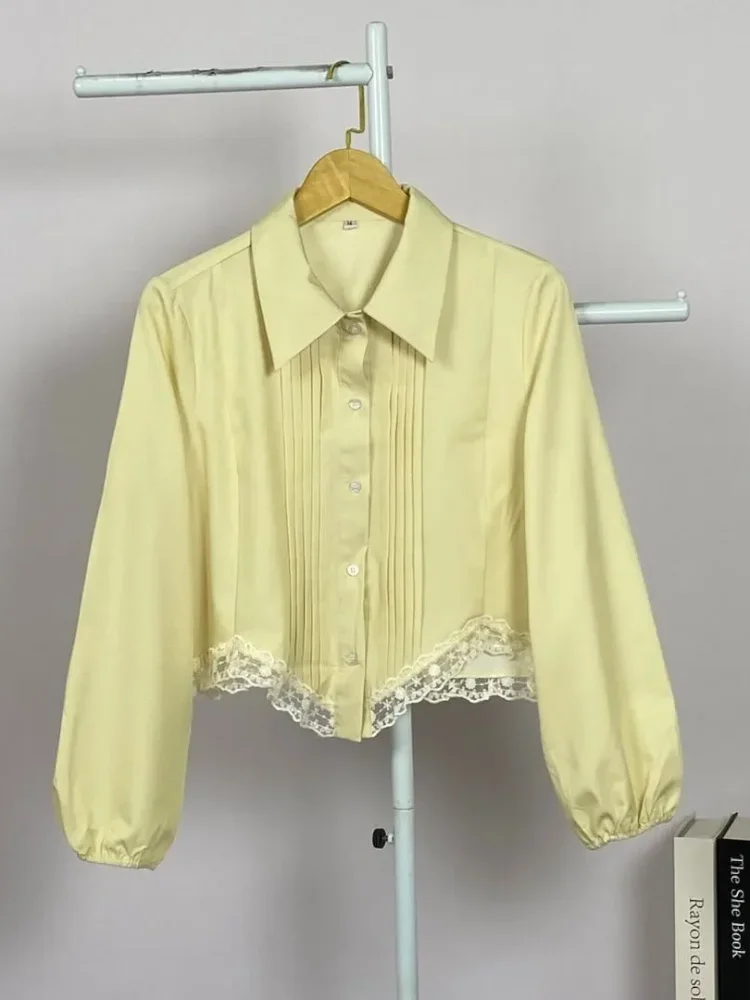 ASAYA Kemeja wanita warna polos model terbaru dengan desain renda elegan dan garis-garis ramping