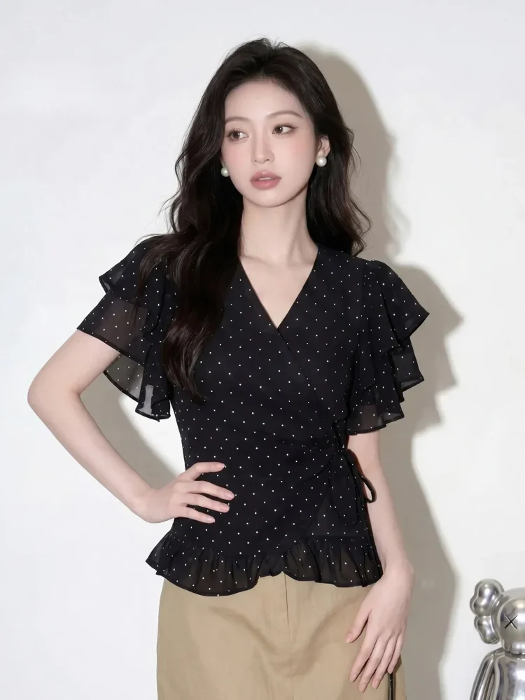 CHICMORE Blouse wanita polkadot desain ruffle vintage lengan pendek