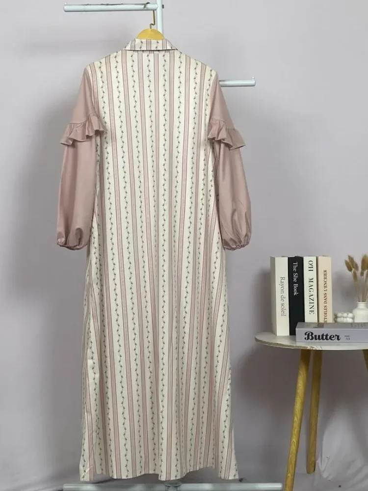 ASAYA Gamis kemeja motif bunga lembut lengan kombinasi - dress muslimah syar'i longgar nyaman untuk sehari-hari