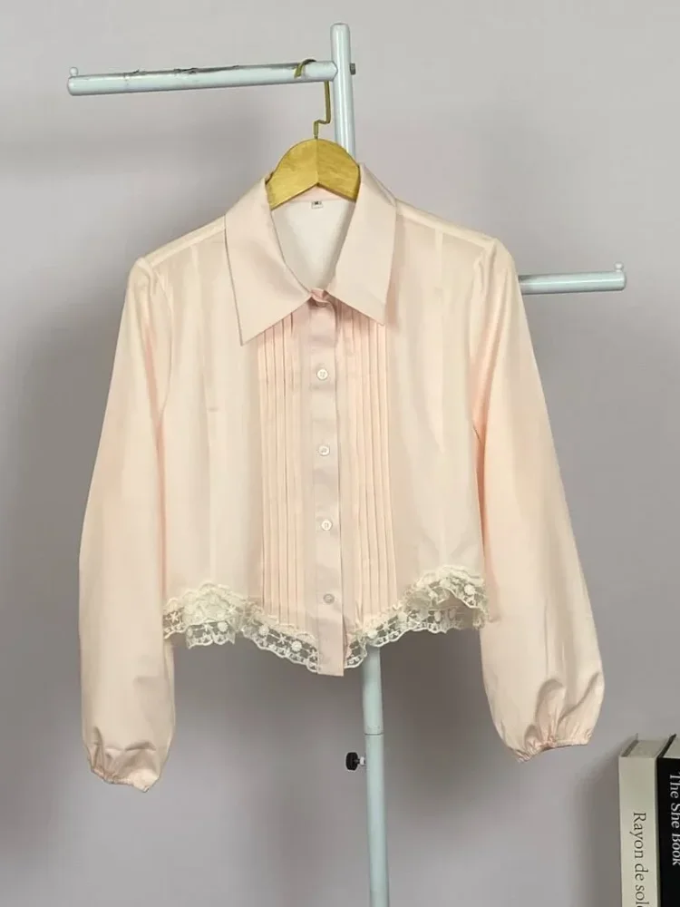 ASAYA Kemeja wanita warna polos model terbaru dengan desain renda elegan dan garis-garis ramping