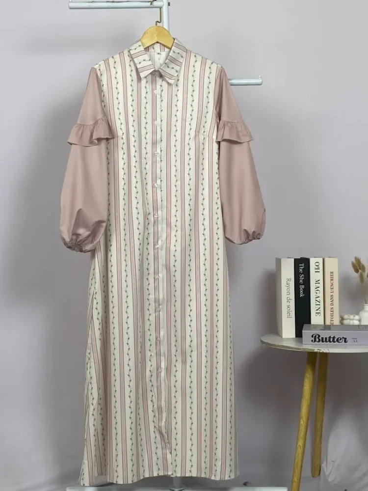ASAYA Gamis kemeja motif bunga lembut lengan kombinasi - dress muslimah syar'i longgar nyaman untuk sehari-hari