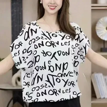 ASAYA Atasan wanita blouse lengan pendek motif cetak minimalis
