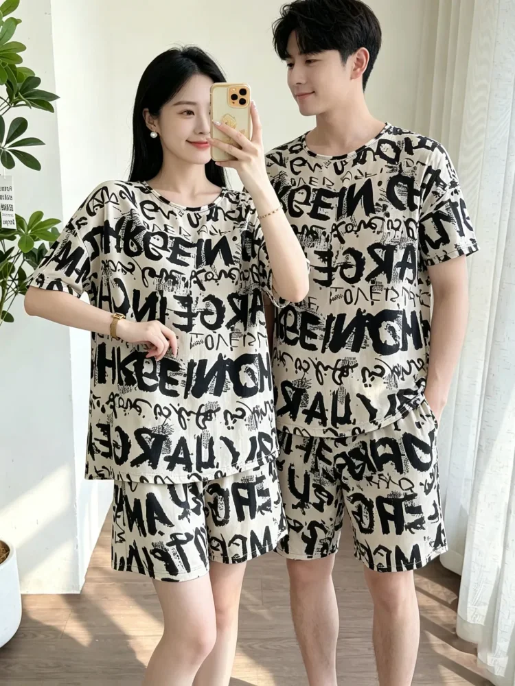 ASAYA Setelan dua polotong piyama motif cetak t-shirt lengan pendek dan celana pendek