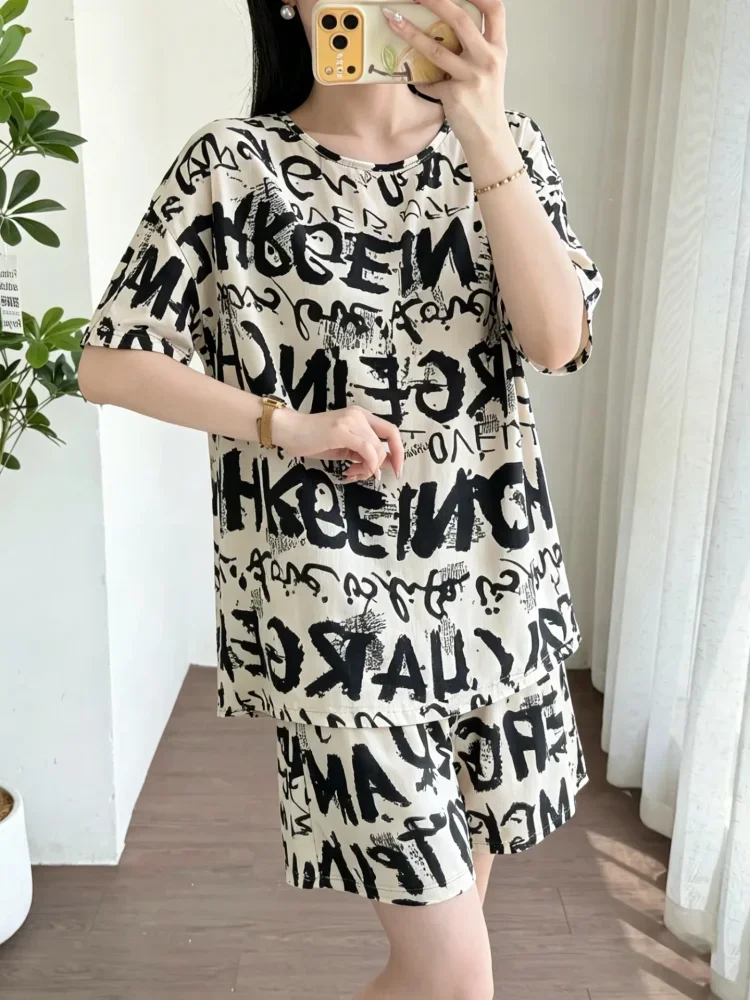 ASAYA Setelan dua polotong piyama motif cetak t-shirt lengan pendek dan celana pendek