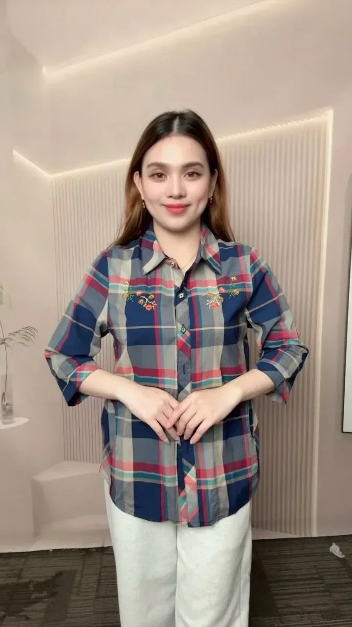 FADFAD Kemeja wanita lengan panjang kotak kotak elegan
