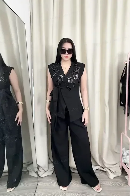 FADFAD Setelan wanita dua potong atasan vest elegant dan celana panjang kasual