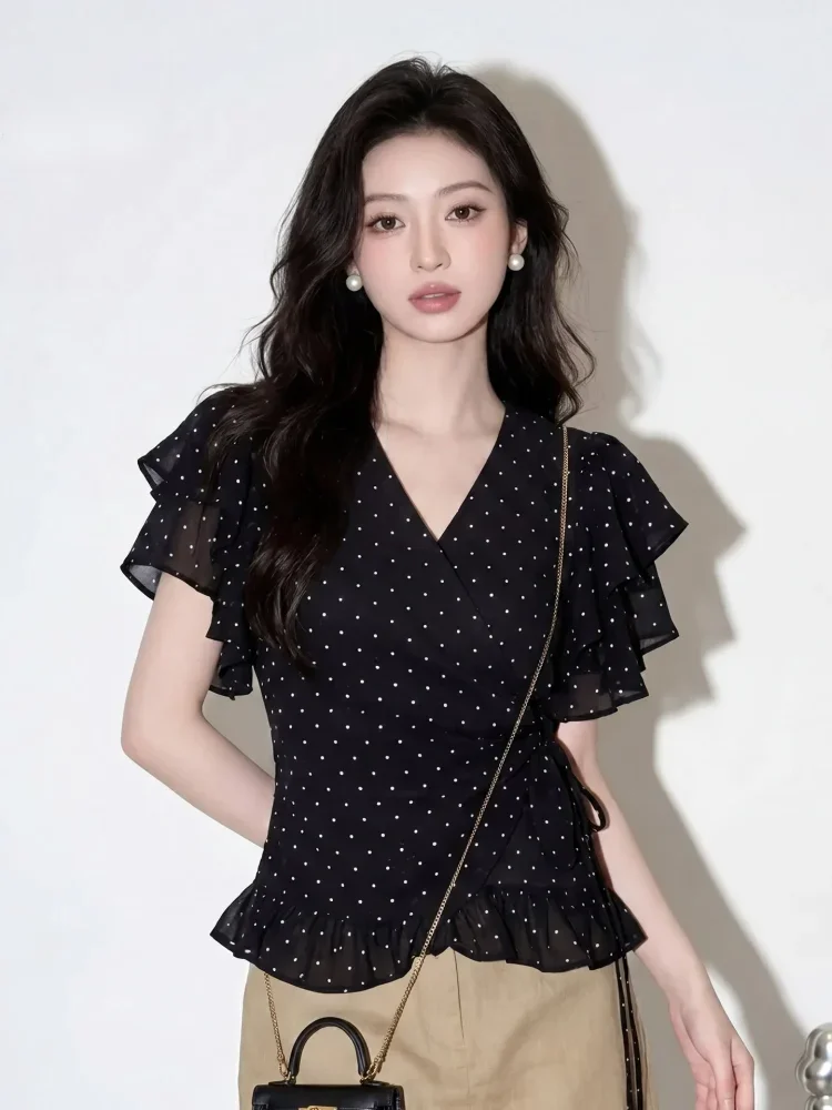 CHICMORE Blouse wanita polkadot desain ruffle vintage lengan pendek