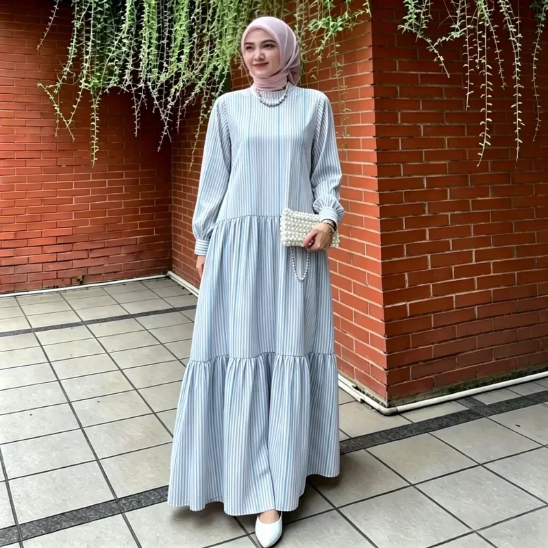 ASAYA Gaun panjang longgar kasual tipis bermotif dengan desain mode elegan