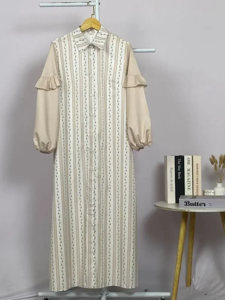 ASAYA Gamis kemeja motif bunga lembut lengan kombinasi - dress muslimah syar'i longgar nyaman untuk sehari-hari