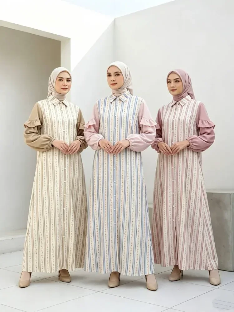 ASAYA Gamis kemeja motif bunga lembut lengan kombinasi - dress muslimah syar'i longgar nyaman untuk sehari-hari
