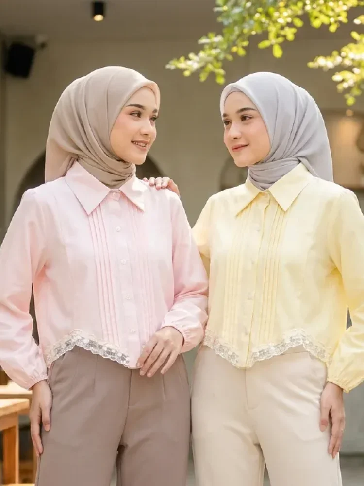 ASAYA Kemeja wanita warna polos model terbaru dengan desain renda elegan dan garis-garis ramping