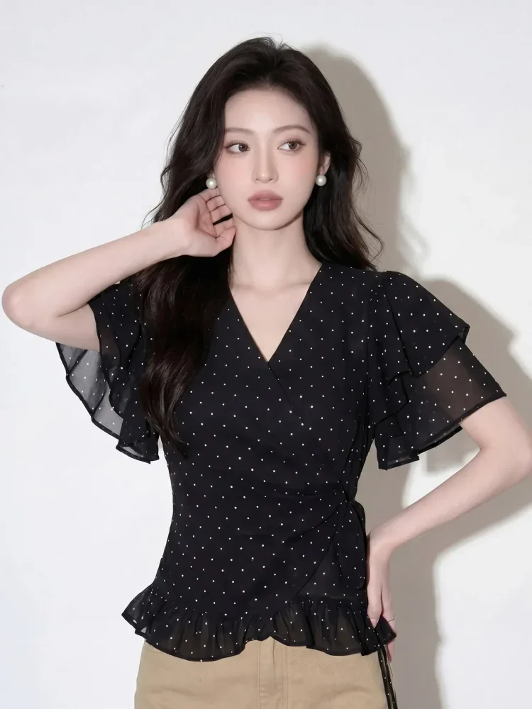 CHICMORE Blouse wanita polkadot desain ruffle vintage lengan pendek