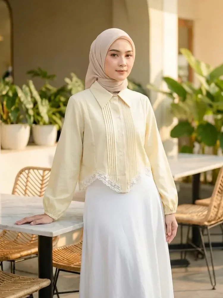 ASAYA Kemeja wanita warna polos model terbaru dengan desain renda elegan dan garis-garis ramping