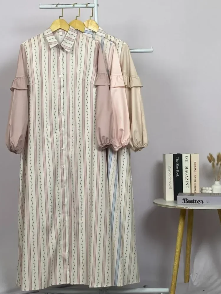 ASAYA Gamis kemeja motif bunga lembut lengan kombinasi - dress muslimah syar'i longgar nyaman untuk sehari-hari