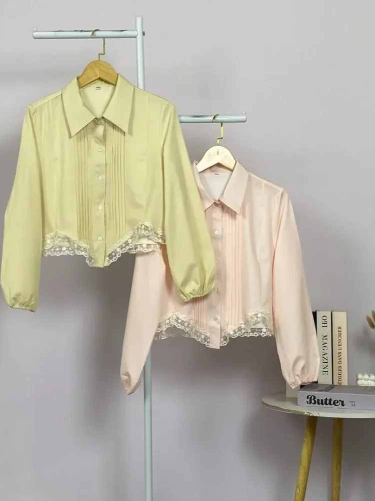 ASAYA Kemeja wanita warna polos model terbaru dengan desain renda elegan dan garis-garis ramping