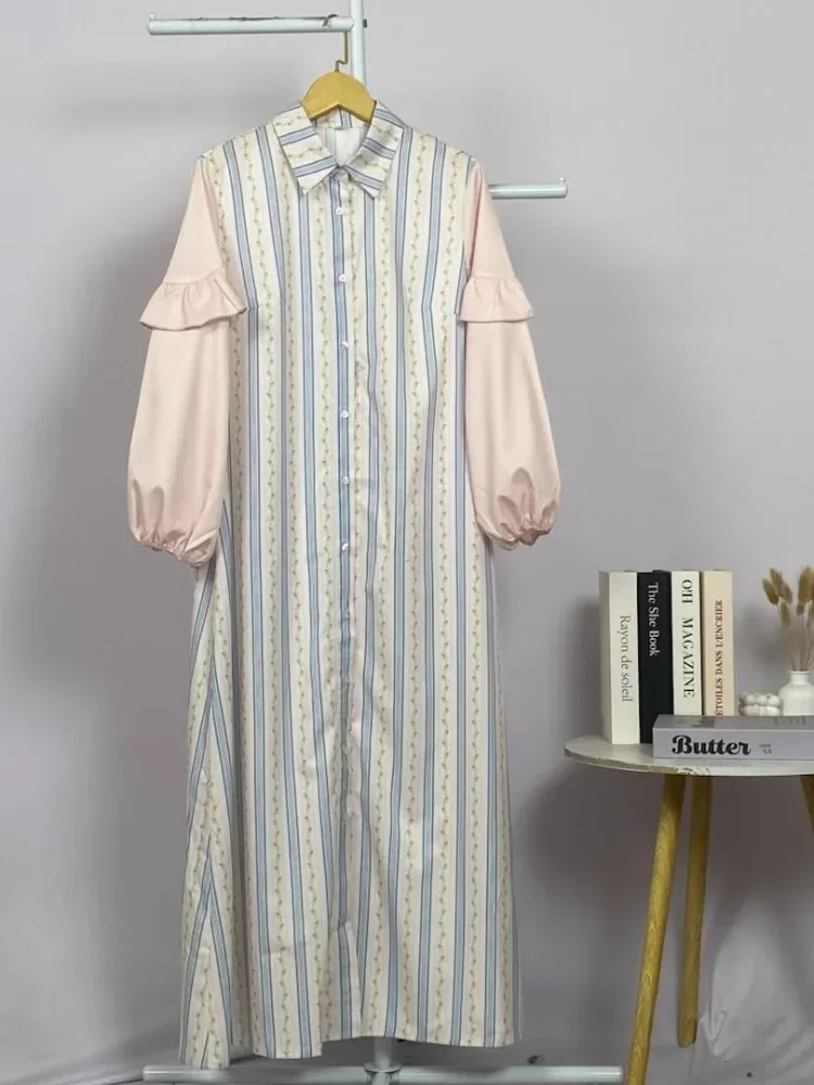 ASAYA Gamis kemeja motif bunga lembut lengan kombinasi - dress muslimah syar'i longgar nyaman untuk sehari-hari