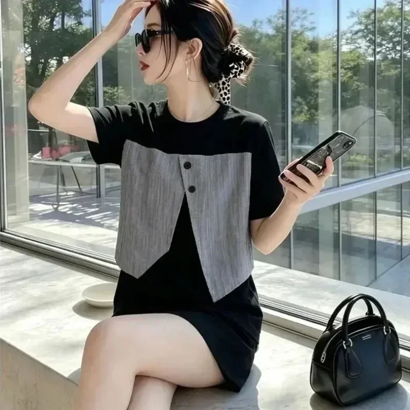 ASAYA Atasan kaos kerah bulat lengan pendek dan bermotif unik