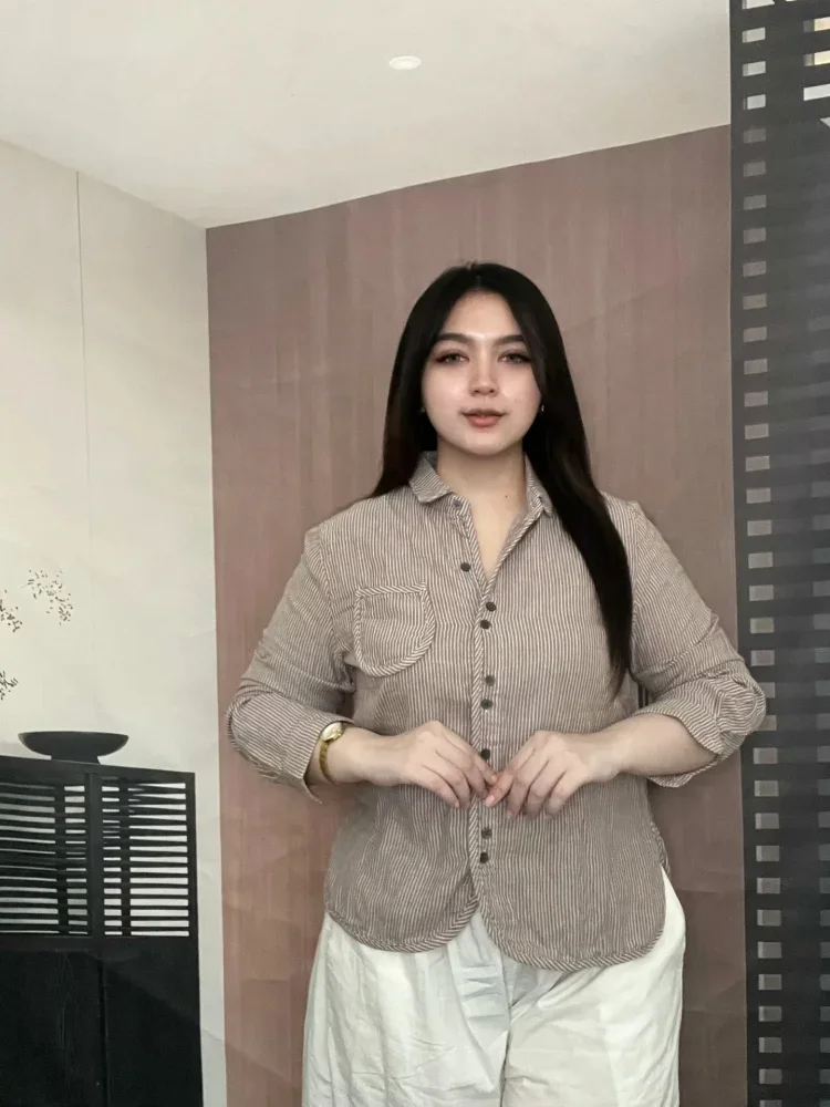 FADFAD Kemeja lengan panjang motif  bergaris gaya retro untuk wanita
