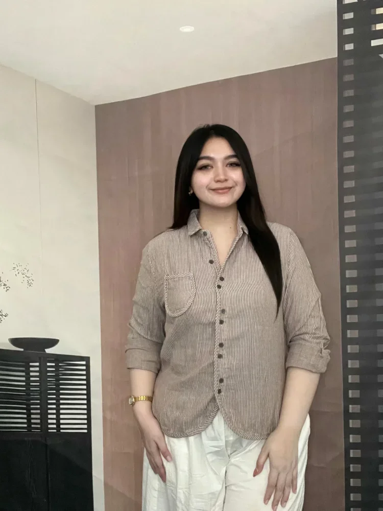FADFAD Kemeja lengan panjang motif  bergaris gaya retro untuk wanita