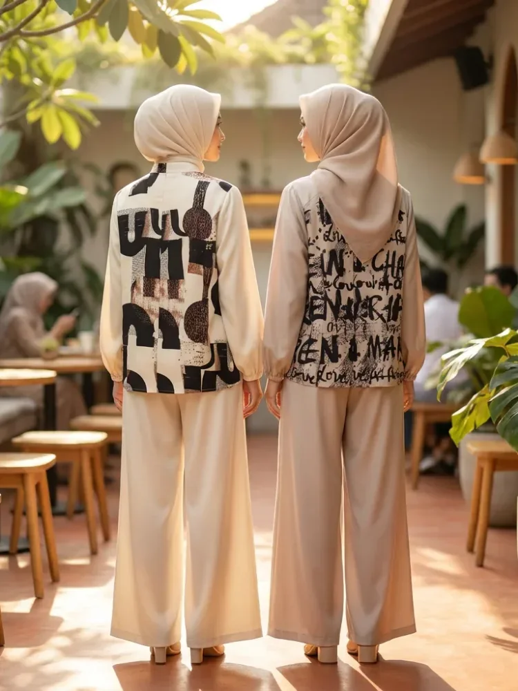 ASAYA Setelan kemeja lengan panjang dan celana panjang wanita dengan desain cetakan patchwork dan kancing buatan tangan