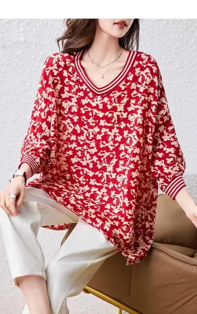 ASAYA Blouse wanita motif bunga merah lengan panjang desain longgar