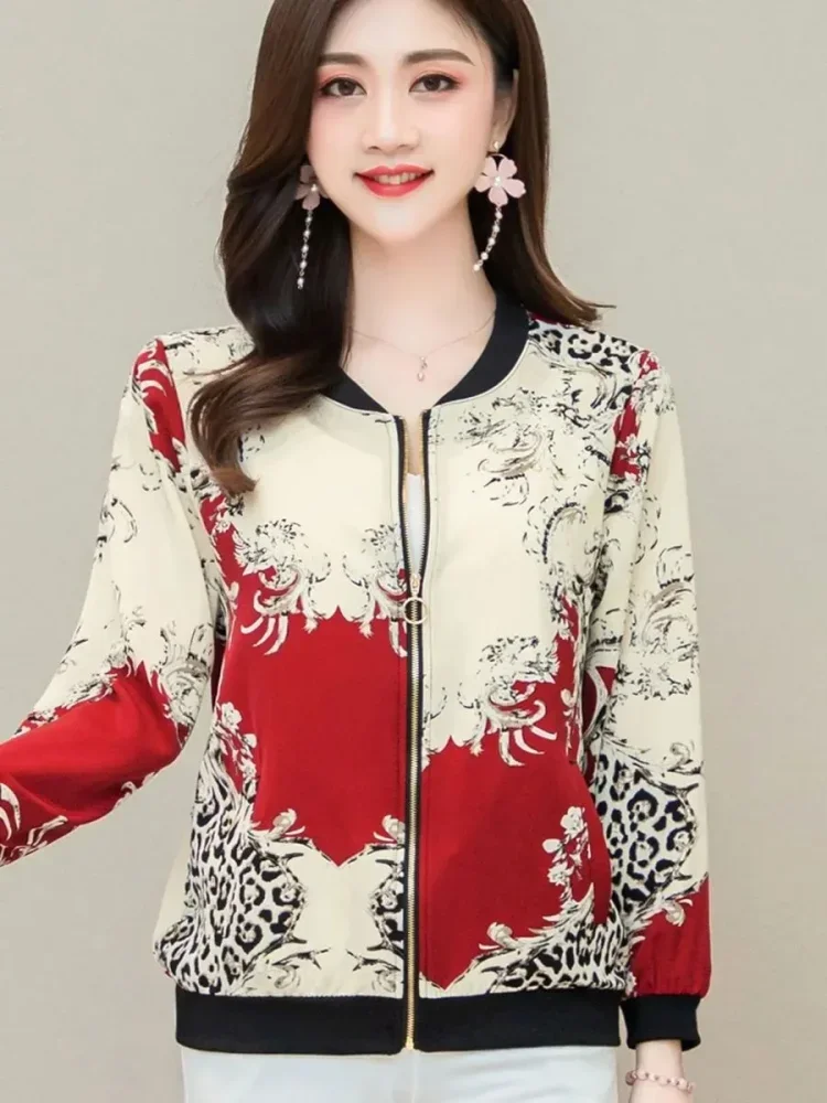 FADFAD Atasan pakaian wanita dengan zipper dan lengan panjang bermotif cetak bergaya retro