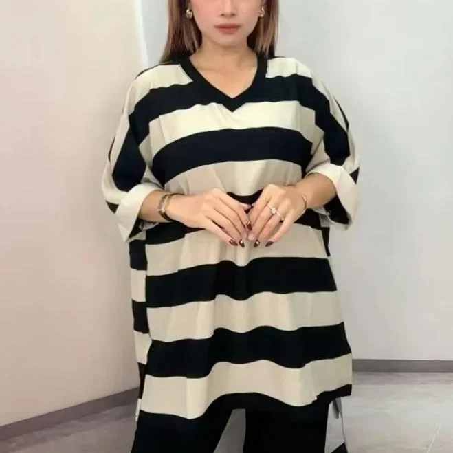 ASAYA Atasan wanita daily oversize dengan stripe hitam-putih