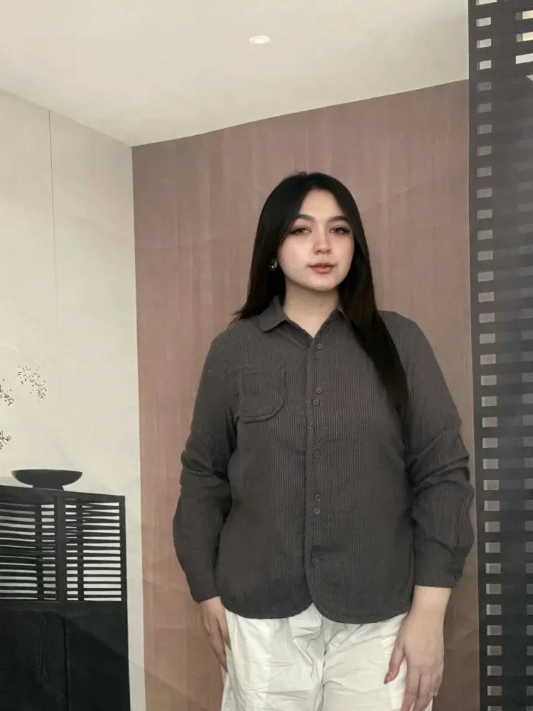 FADFAD Kemeja lengan panjang motif  bergaris gaya retro untuk wanita