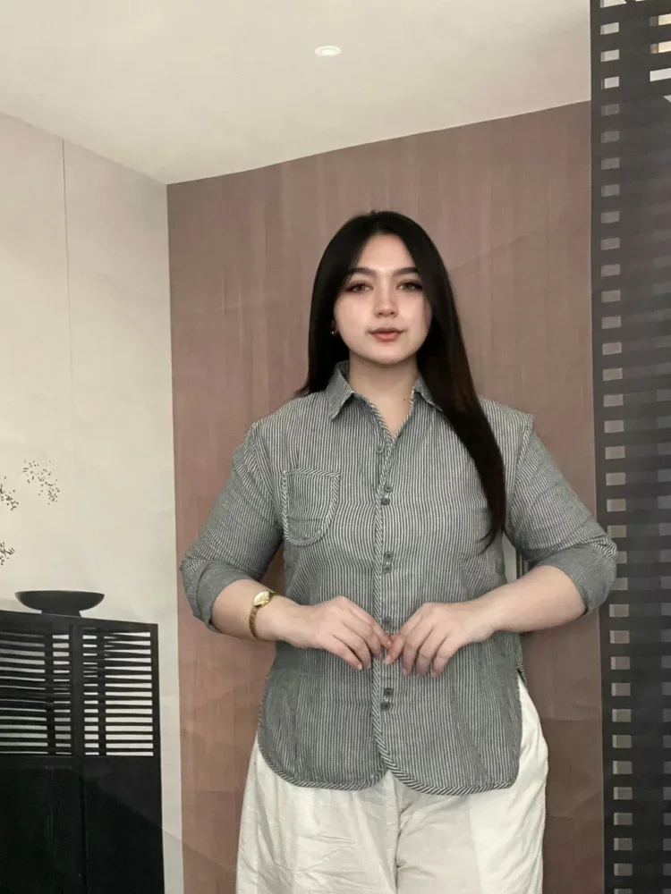 FADFAD Kemeja lengan panjang motif  bergaris gaya retro untuk wanita