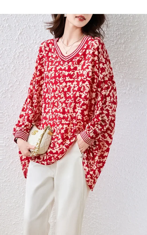 ASAYA Blouse wanita motif bunga merah lengan panjang desain longgar