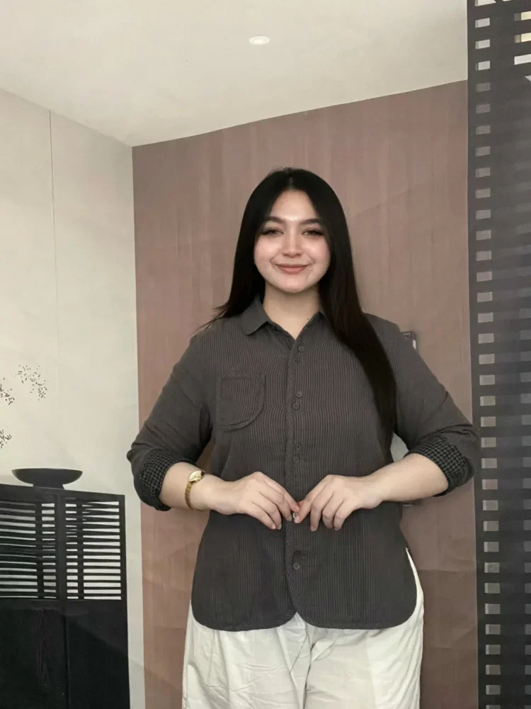 FADFAD Kemeja lengan panjang motif  bergaris gaya retro untuk wanita