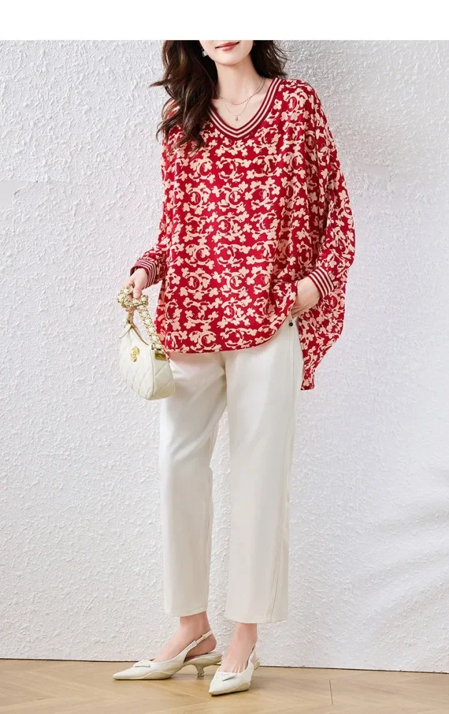 ASAYA Blouse wanita motif bunga merah lengan panjang desain longgar