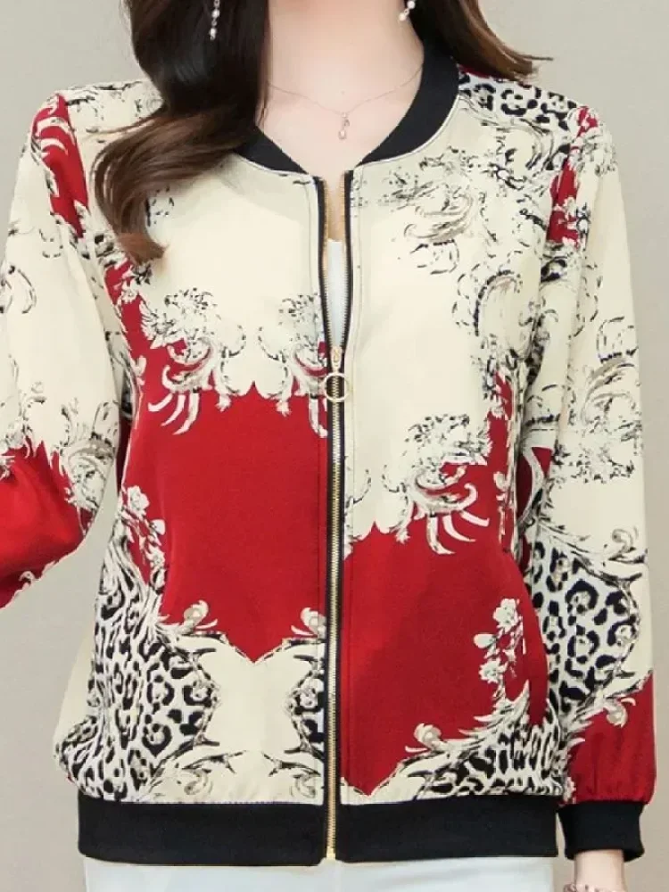 FADFAD Atasan pakaian wanita dengan zipper dan lengan panjang bermotif cetak bergaya retro