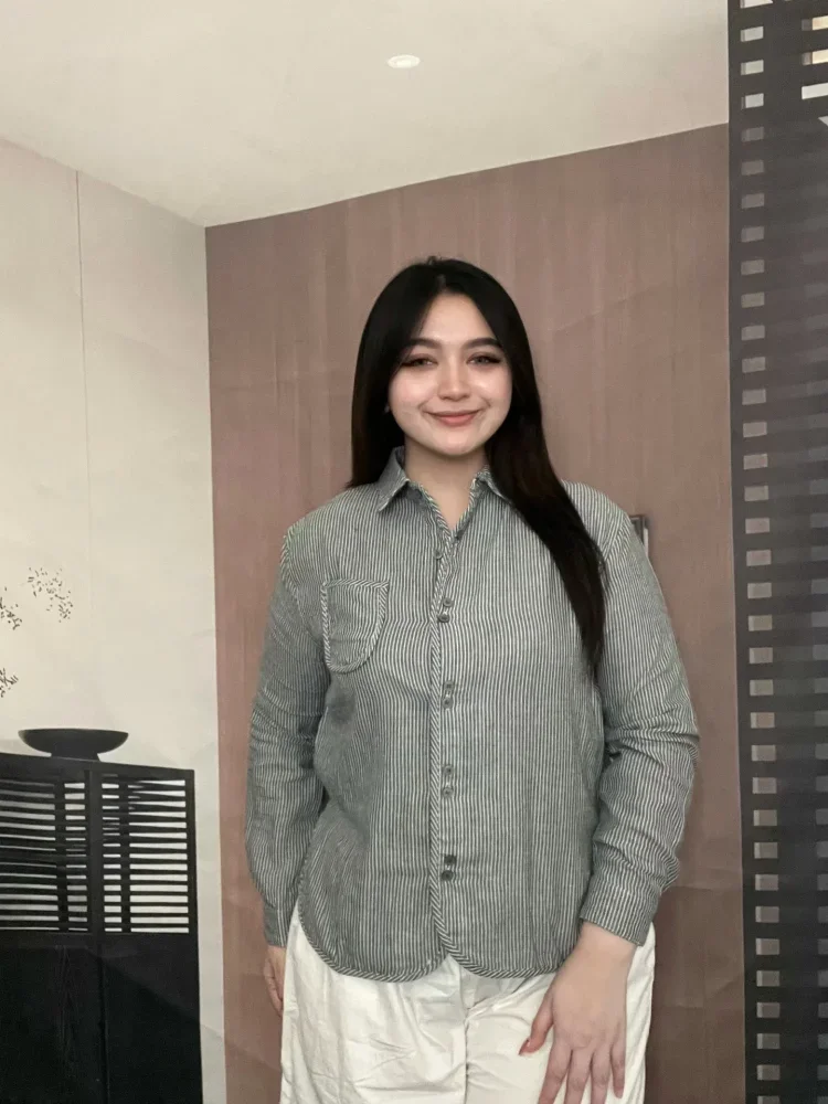 FADFAD Kemeja lengan panjang motif  bergaris gaya retro untuk wanita