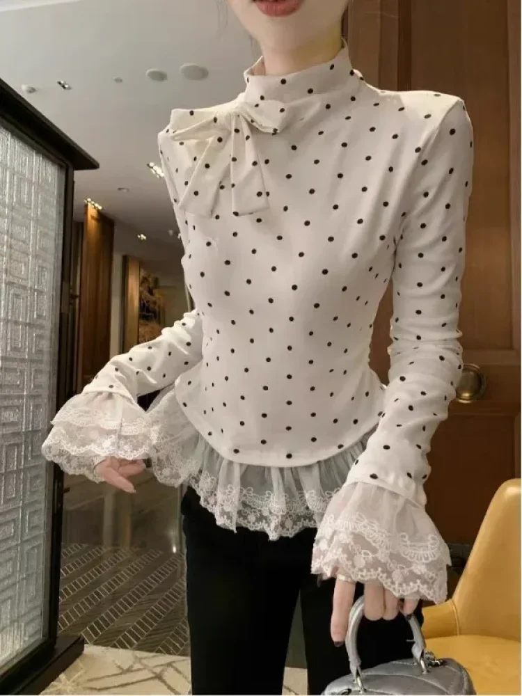 CHICMORE Atasan lengan panjang wanita motif polkadot dengan kerah mock-neck