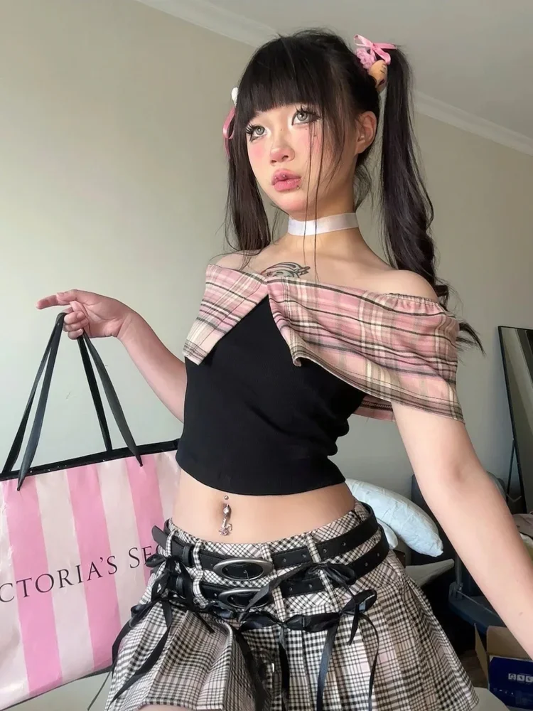ASAYA Atasan off-shoulder wanita desain kontras motif kotak-kotak