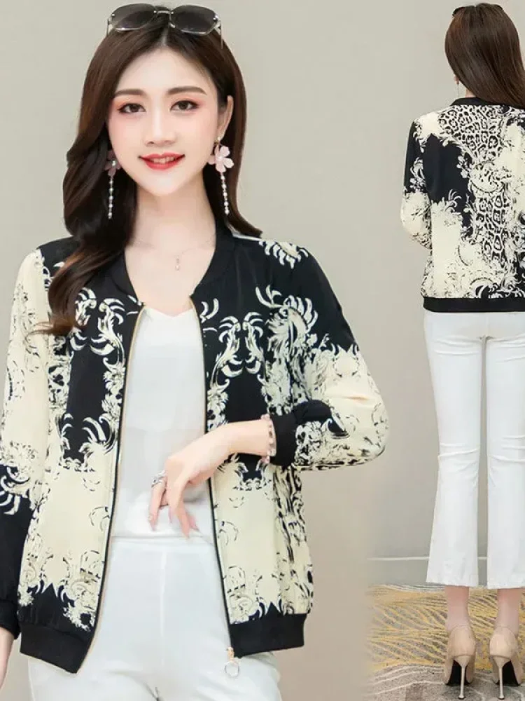 FADFAD Atasan pakaian wanita dengan zipper dan lengan panjang bermotif cetak bergaya retro