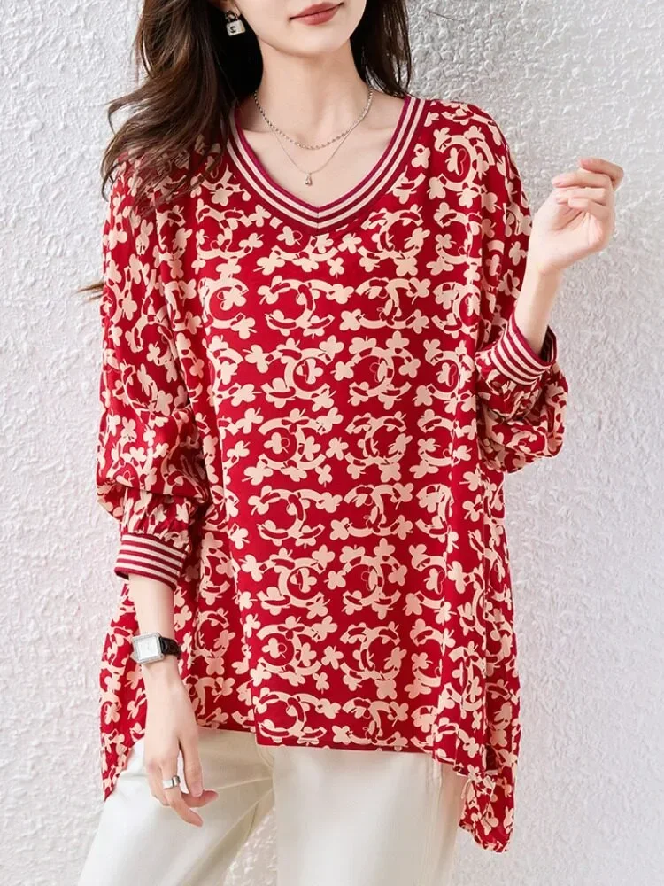 ASAYA Blouse wanita motif bunga merah lengan panjang desain longgar