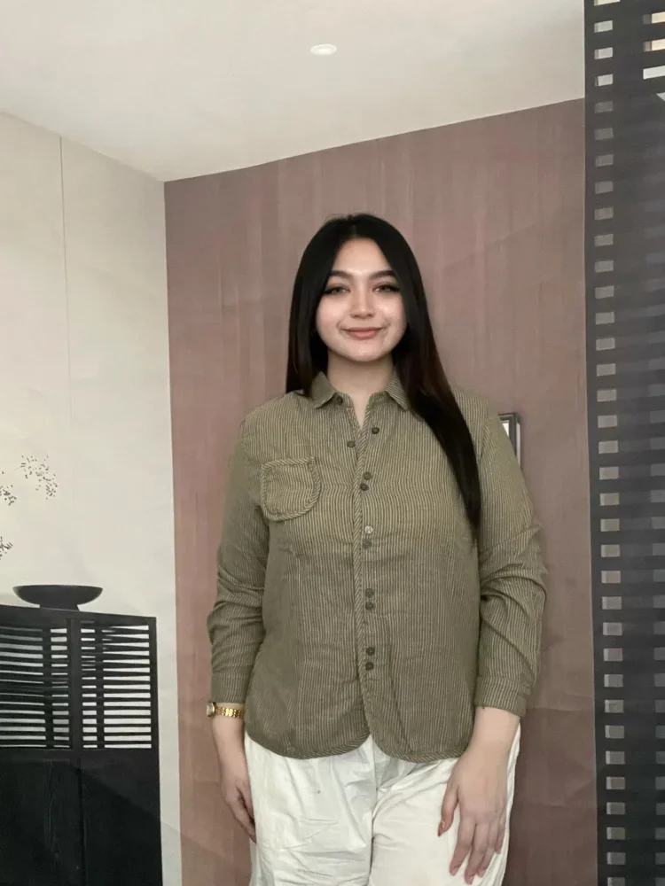 FADFAD Kemeja lengan panjang motif  bergaris gaya retro untuk wanita